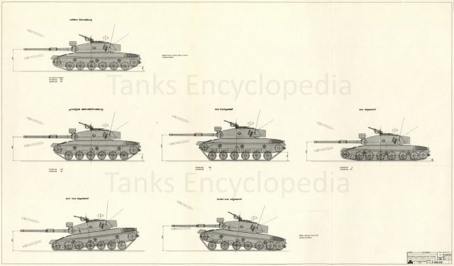 A drawing of the Panzer 74 with the Variante H hull, showing the expected capabilities of the hydropneumatic suspension.