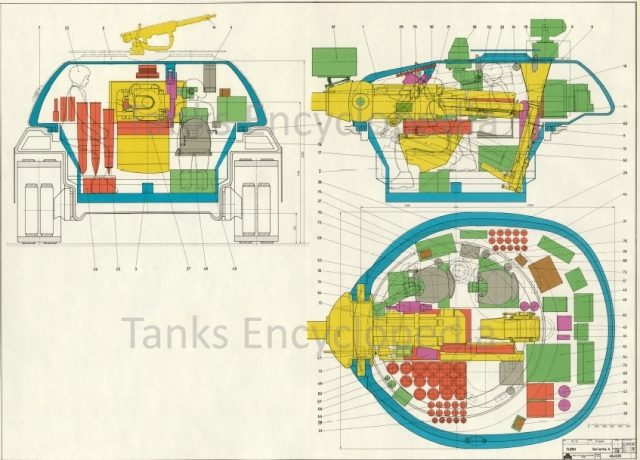 Schematic showing the Variante A turret with the internal layout and armor thickness.