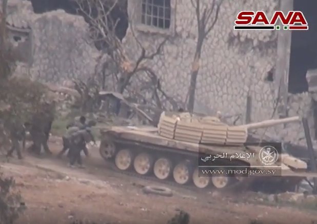 T-72AV Shafrah in combat at Qaboun, supported by infantry, on 24th March 2017