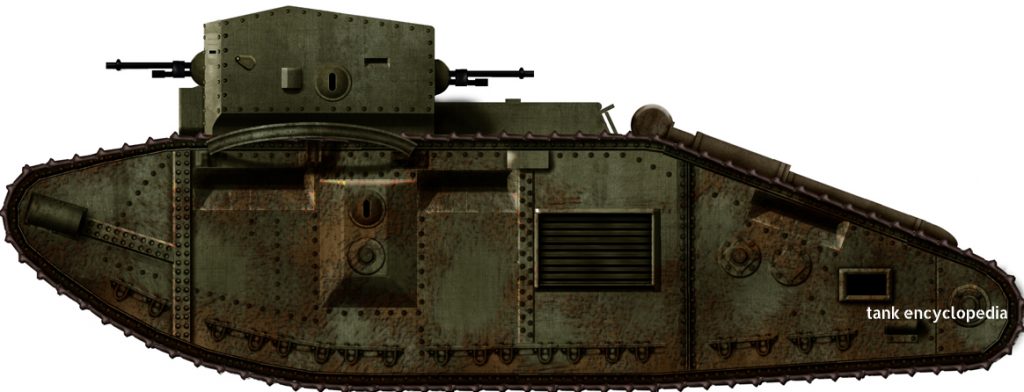 Mark is an old. MK 1 танк. Танк Уиппет вид сбоку.