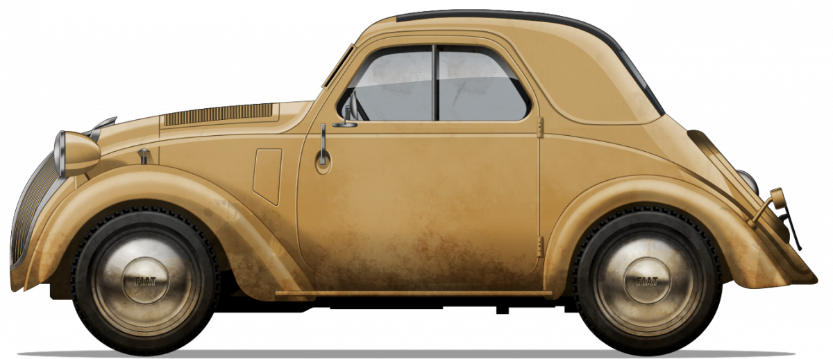 A FIAT 500 ‘Topolino’ deployed by the Regio Esercito as liaison car in North Africa. Illustrations by the illustrious Godzilla funded by our Patreon Campaign.