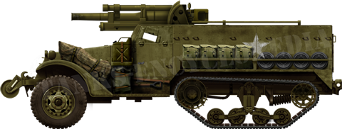 A regular T19 Howitzer Motor Carriage, based on the M3 chassis, and equipped in a very similar fashion that the former 75 mm (2.95 in) HMC it replaced.