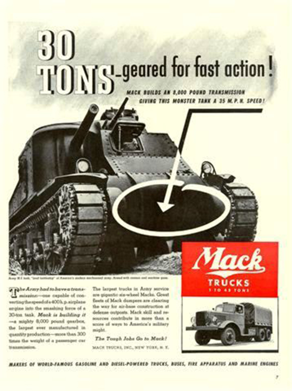 A Mack advertising showing that they built the transmission for the M3 Medium Tank