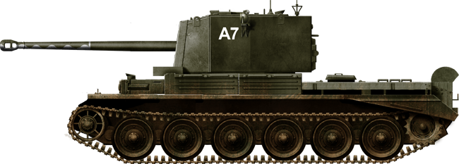 The A30 Cruiser Mark VIII Challenger (1943) was a derivative of the Cromwell, and the only one fitted with the massive 17-pdr (3 in/76.2 mm) gun.