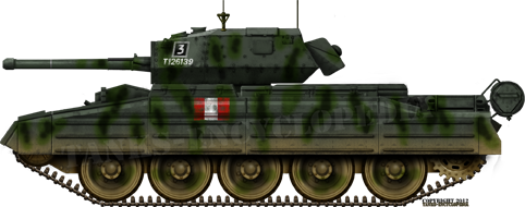 Crusader Mark III from the 6th Armoured Division, February 1943, showing a green pattern with dark green, blended stripes.