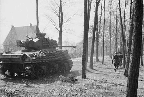 Fireflies of the 5th Canadian Armoured Division assisting the 49th infantry Division to clear Germans from the Ede woods, 17 April 1945