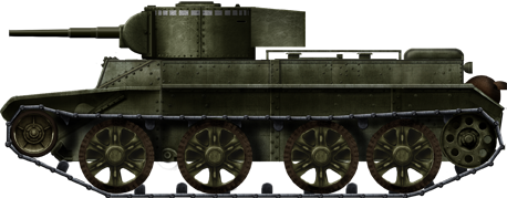 BT-5, early pre-series vehicle (1933), with the early heavy type roadwheels and cylindrical turret with basket