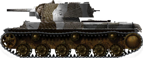 KV-1 model 1941 with a complex Finnish camouflage pattern, winter 1941/42. Also notice the new spoked wheels.
