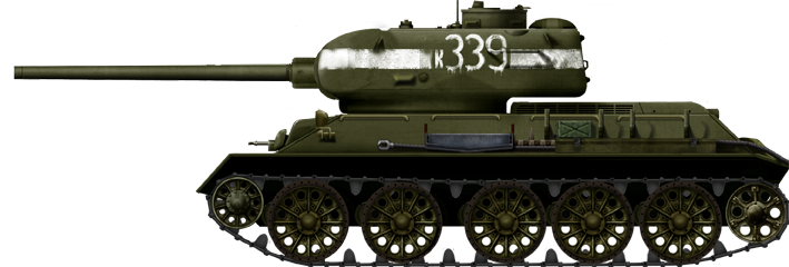 T-34-85 model 1944, with spoked road wheels. The turret had red bands painted on top, intended for identification by friendly pilots. Unknown unit, North-East Berlin sector, April 1945.