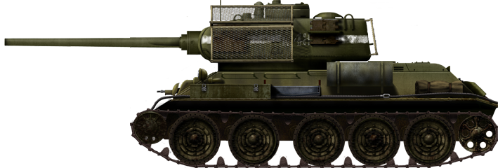 T-34-85 model 1943, May 1945, Battle of Berlin. Notice the improvised protection made of bed frames welded over the turret. They were used to protect against infantry-held Panzerfaust weapons. 