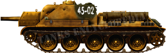 A SU-122 at Kursk, July 1943, freshly arrived from the factory with a rather unusual sand livery over the usual olive green. Identification numbers were hand-painted, probably in the storage lot or directly over the transporting rail carriage