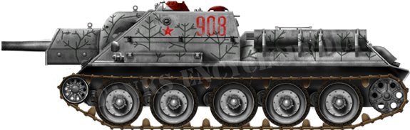 A mid-production SU-122, winter 1943, with a rare improvised camouflage over the usual washable white paint