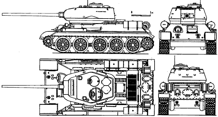 4-view drawing of a T-34-85